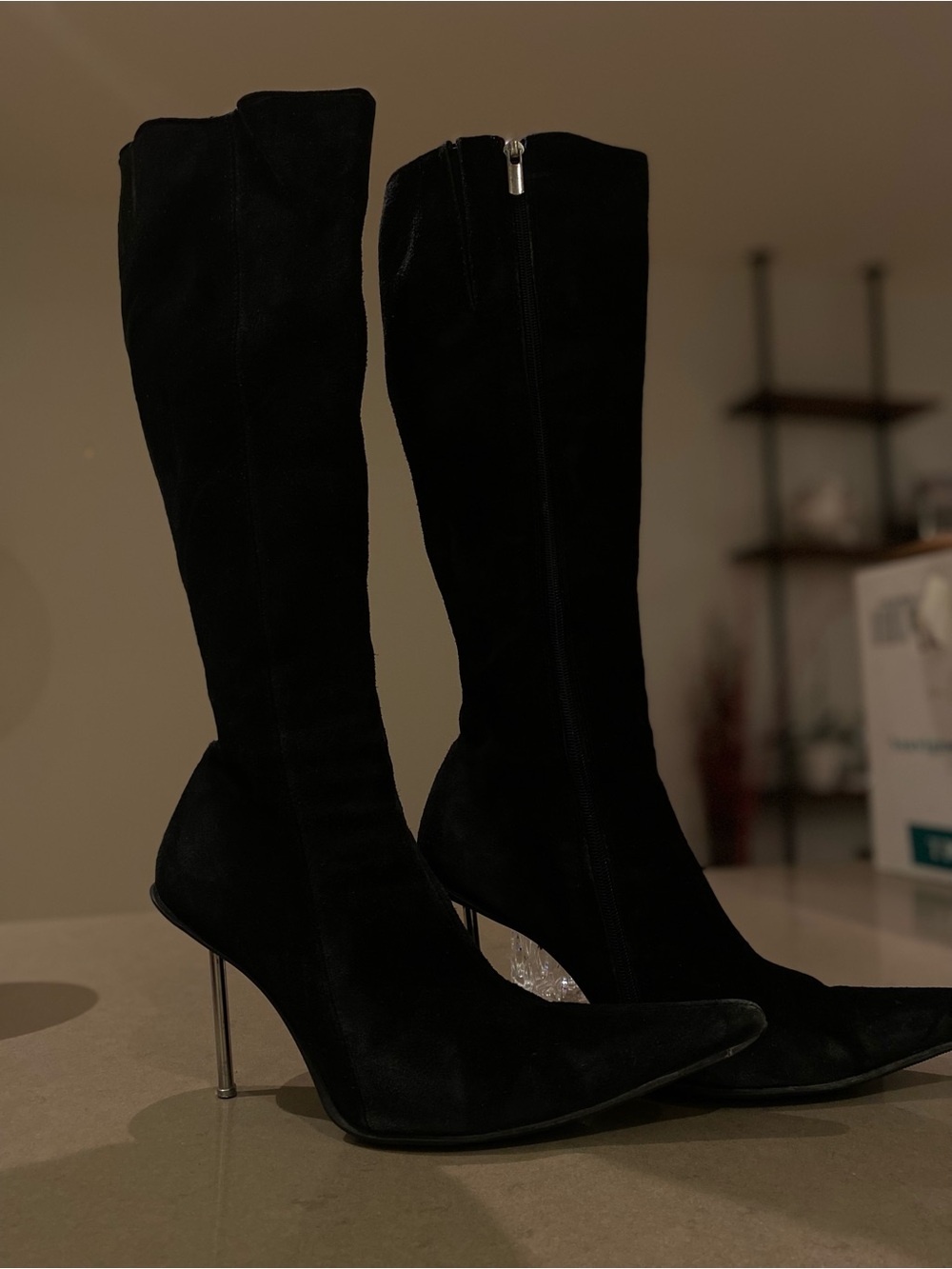 Black Suede Pointed-Toe Knee-High Stiletto Boots - Women